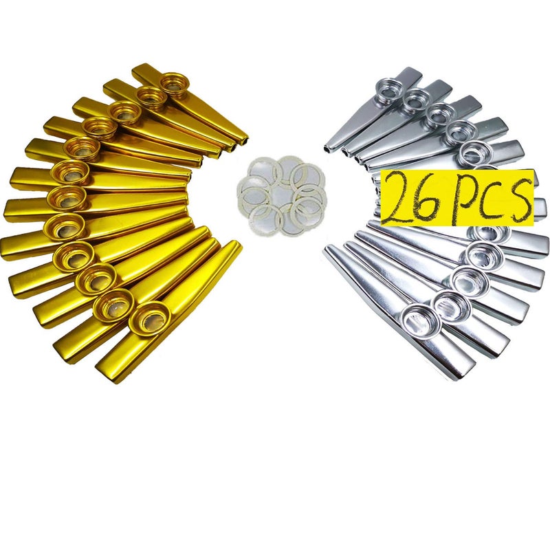 Fartime فارتايم 26 قطعة كازو معدني ذهبي وفضي مع 20 قطعة غشاء كازو فلوت، آلات موسيقية، هدية جيدة للأطفال، رفيق جيد لآلة اليوكليلي، الكمان، الجيتار، لوحة المفاتيح البيانو. - Image 1